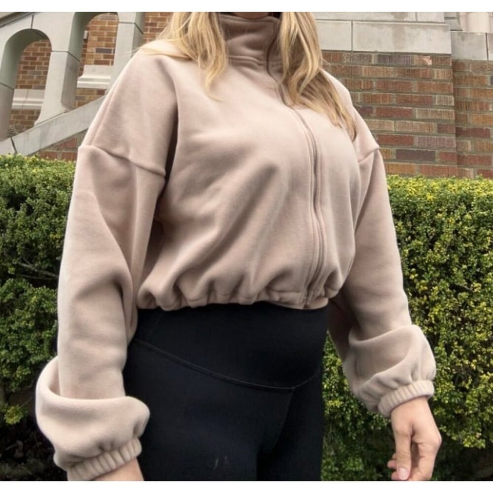 Women's Full Zip Fleece Short Jacket Warm Winter Long Sleeve Stand Collar